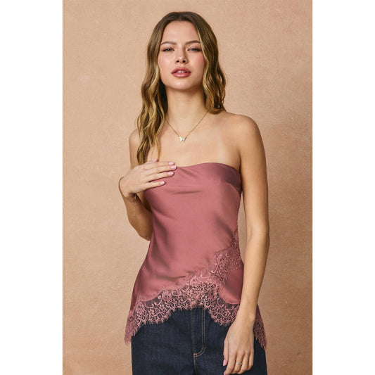 Satin Asymmetrical Lace Hem Sleeveless Top