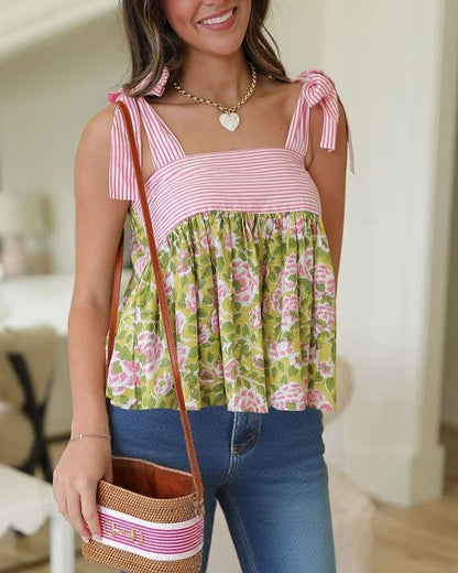 Boho Floral Patchwork Stripe Print Tie-Strap Cami Top
