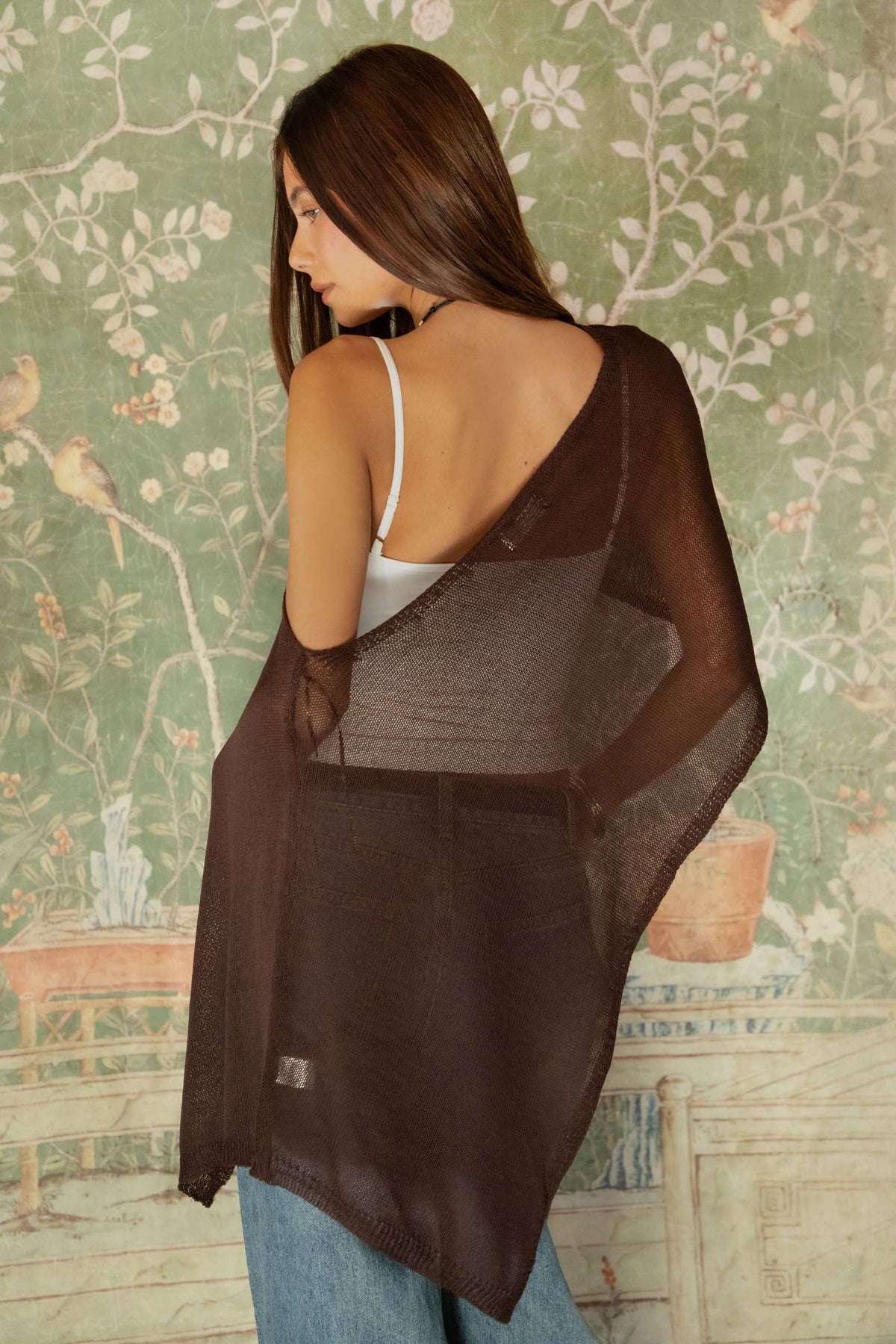 SOLEI Off Shoulder Sheer Sweater Cape