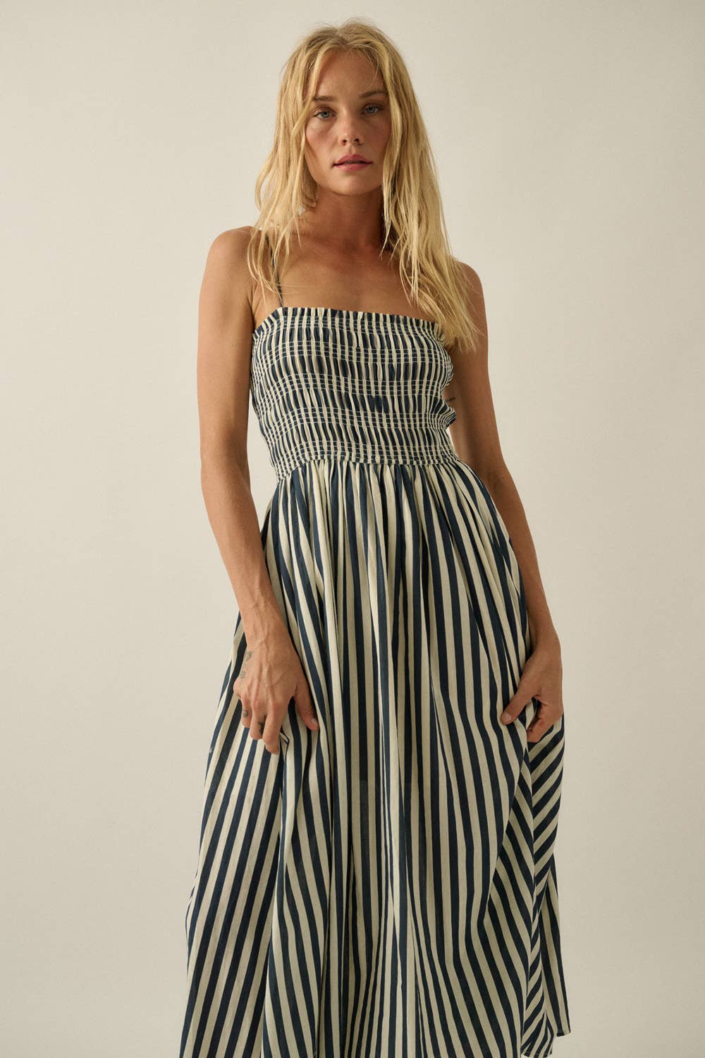 Striped Cotton-Blend Smocked Pocket Midi Dress
