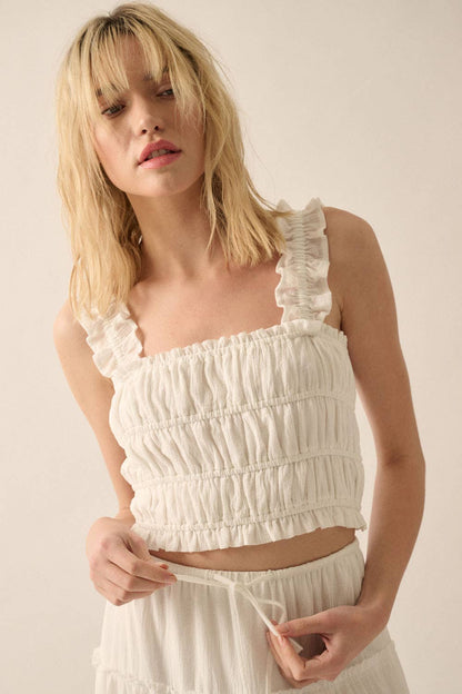 Smocked Solid Ruffled Woven Crop Top