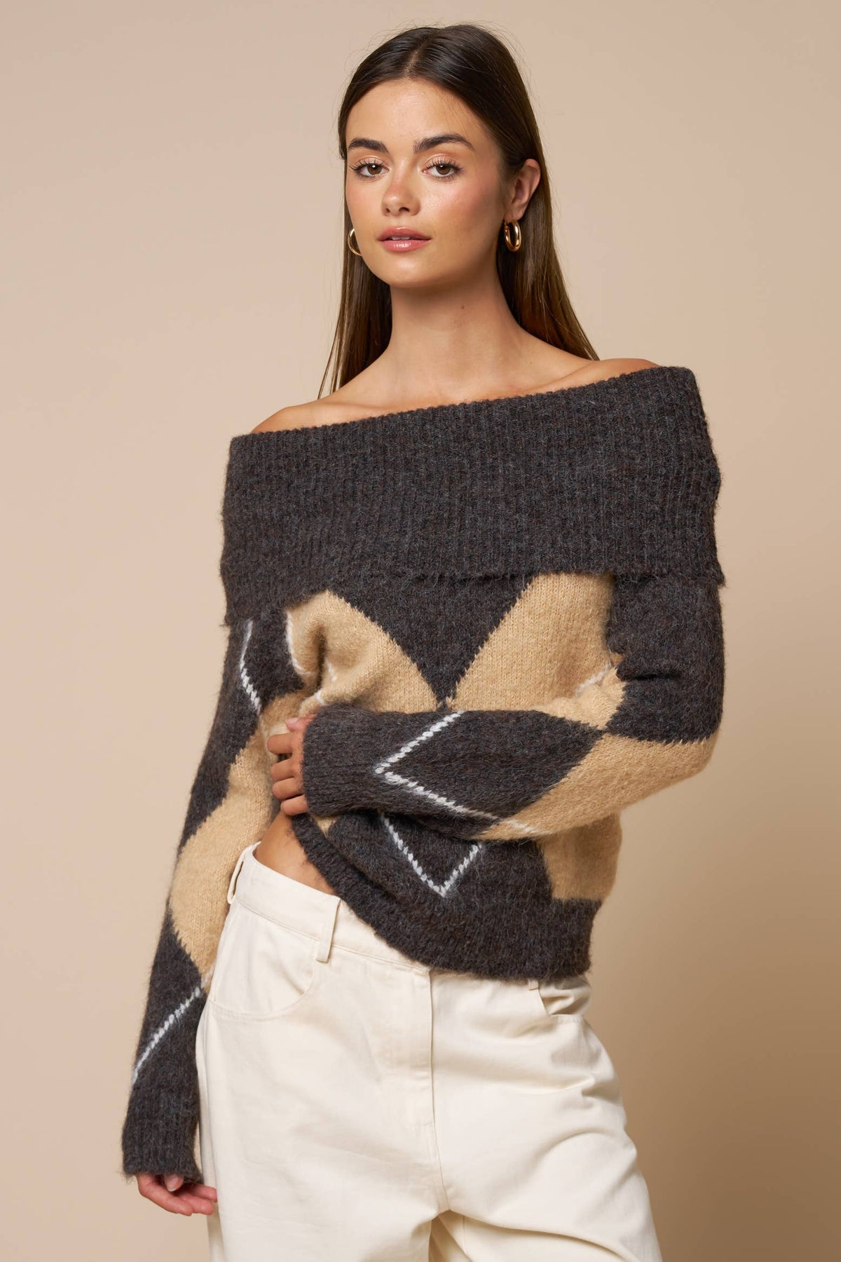 Off Shoulder Argyle Knit Sweater