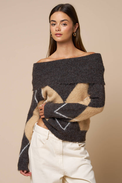 Off Shoulder Argyle Knit Sweater