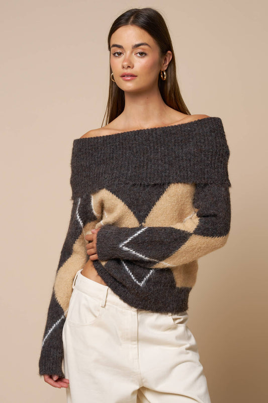 Off Shoulder Argyle Knit Sweater