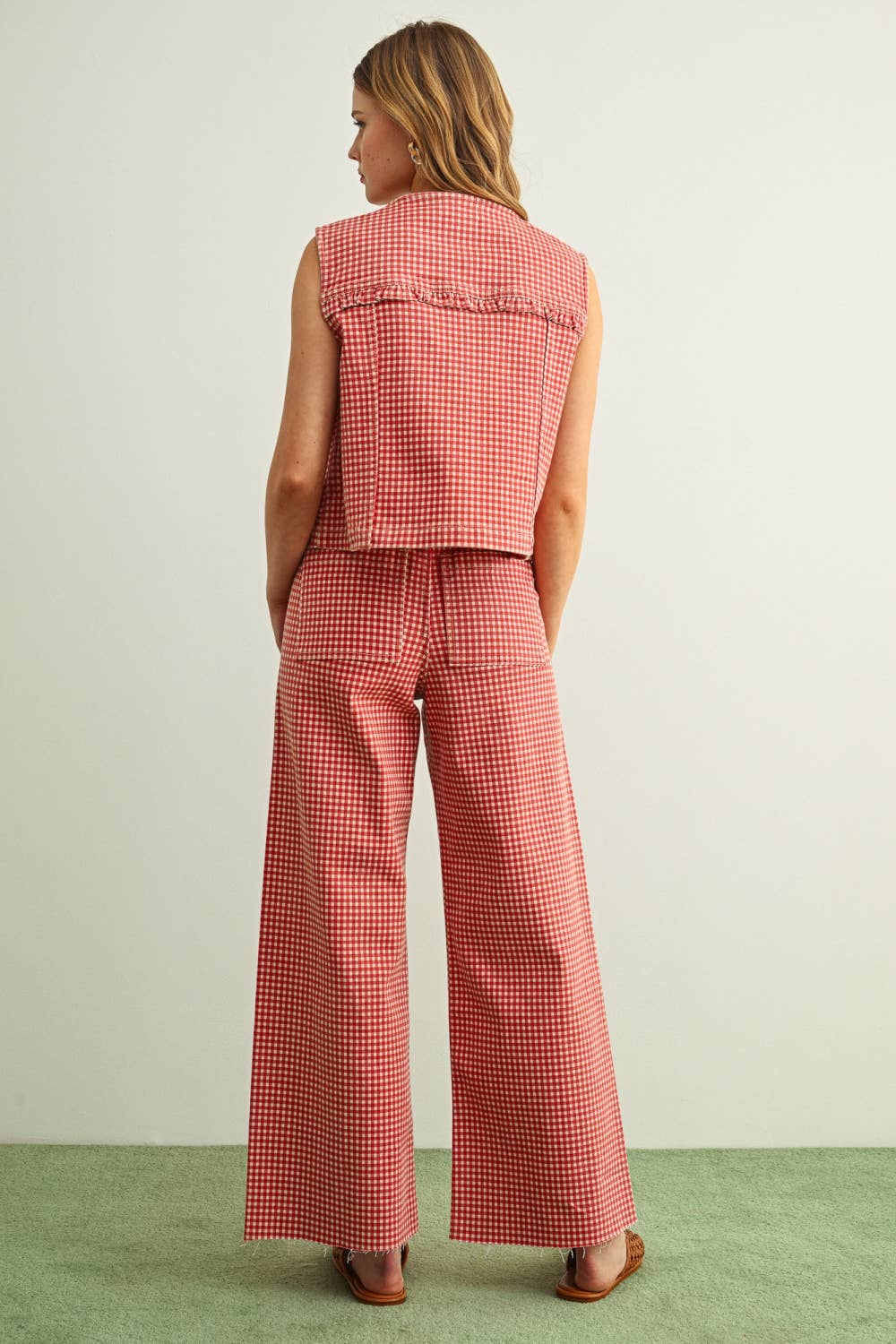 GINGHAM PRINTED STRETCH PANTS