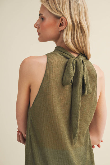 Tie-Back Mock Neck Ribbed Knit Top