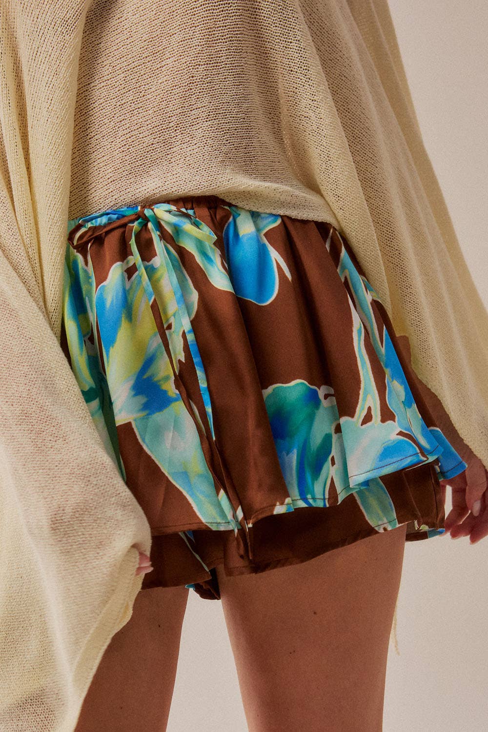 Floral-Print Gathered Drawstring Mini Skort