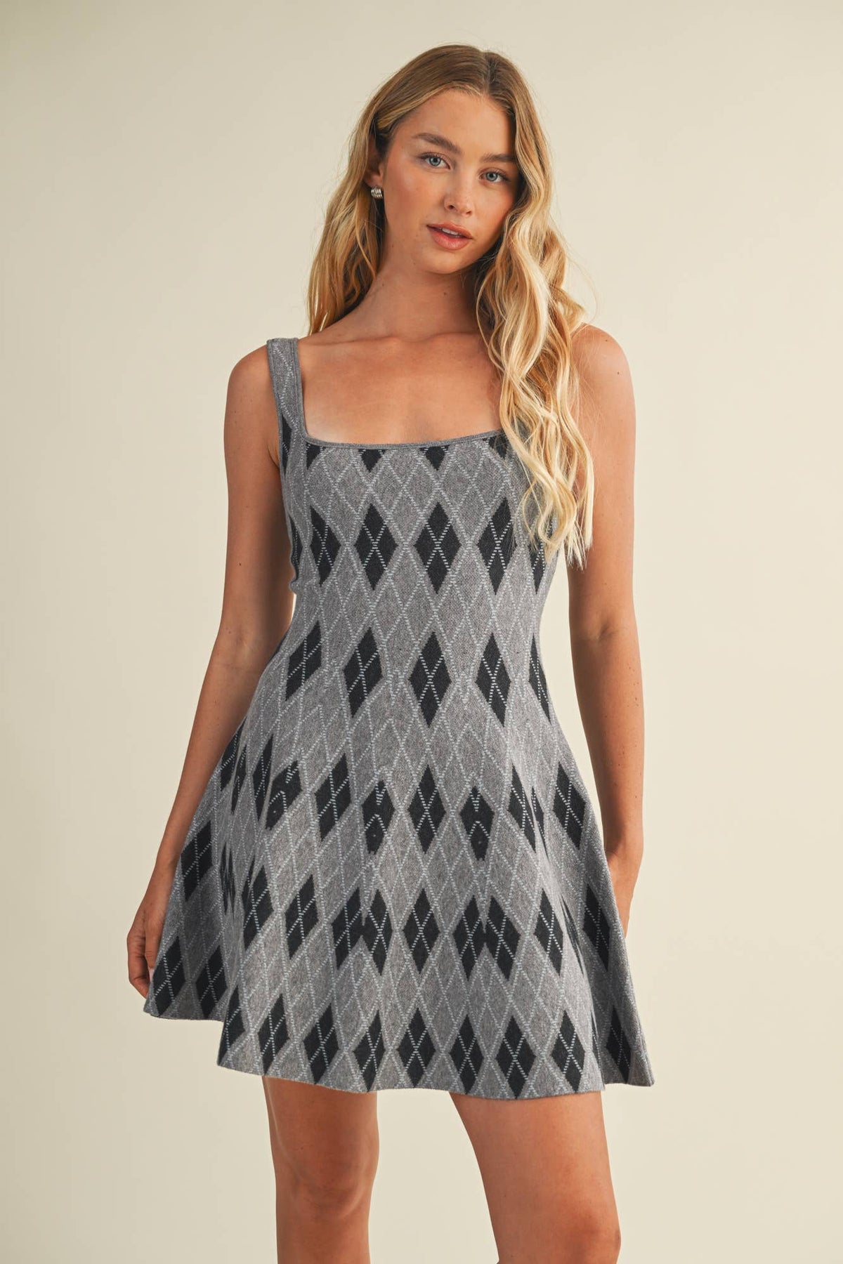 Argyle Jacquard Square Neck Flare Dress