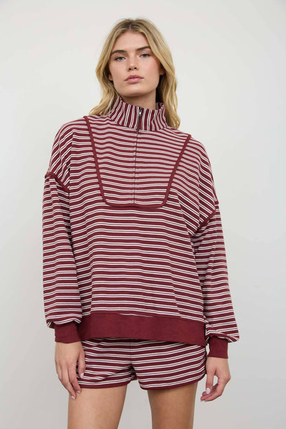 HALF ZIP STRIPE CONTRAST TRIM LONG SLEEVE KNIT TOP