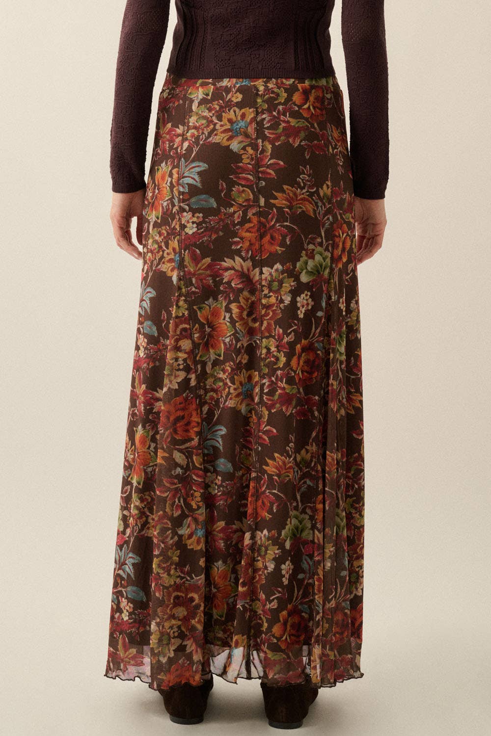 Floral-Print Mesh Godet-Pleat Elastic-Waist Maxi Skirt
