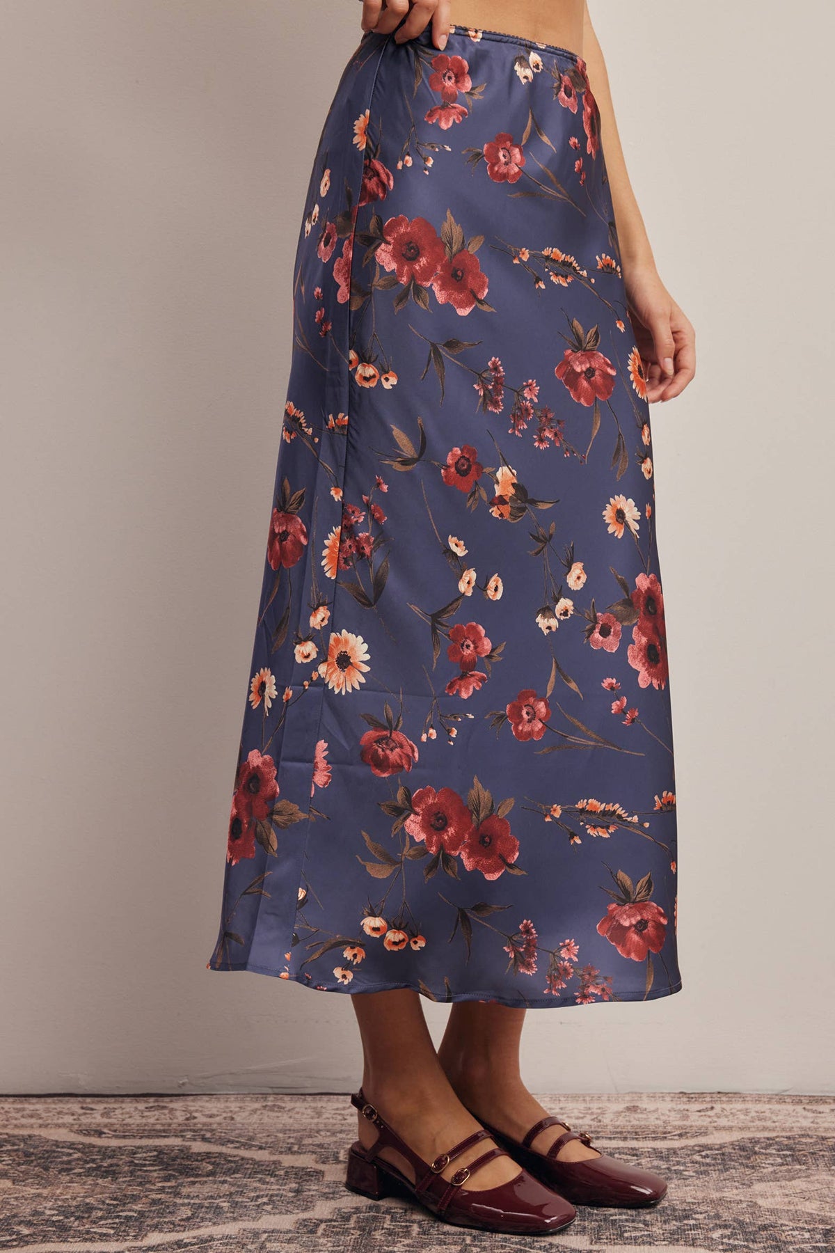 Floral Satin Midi Skirt