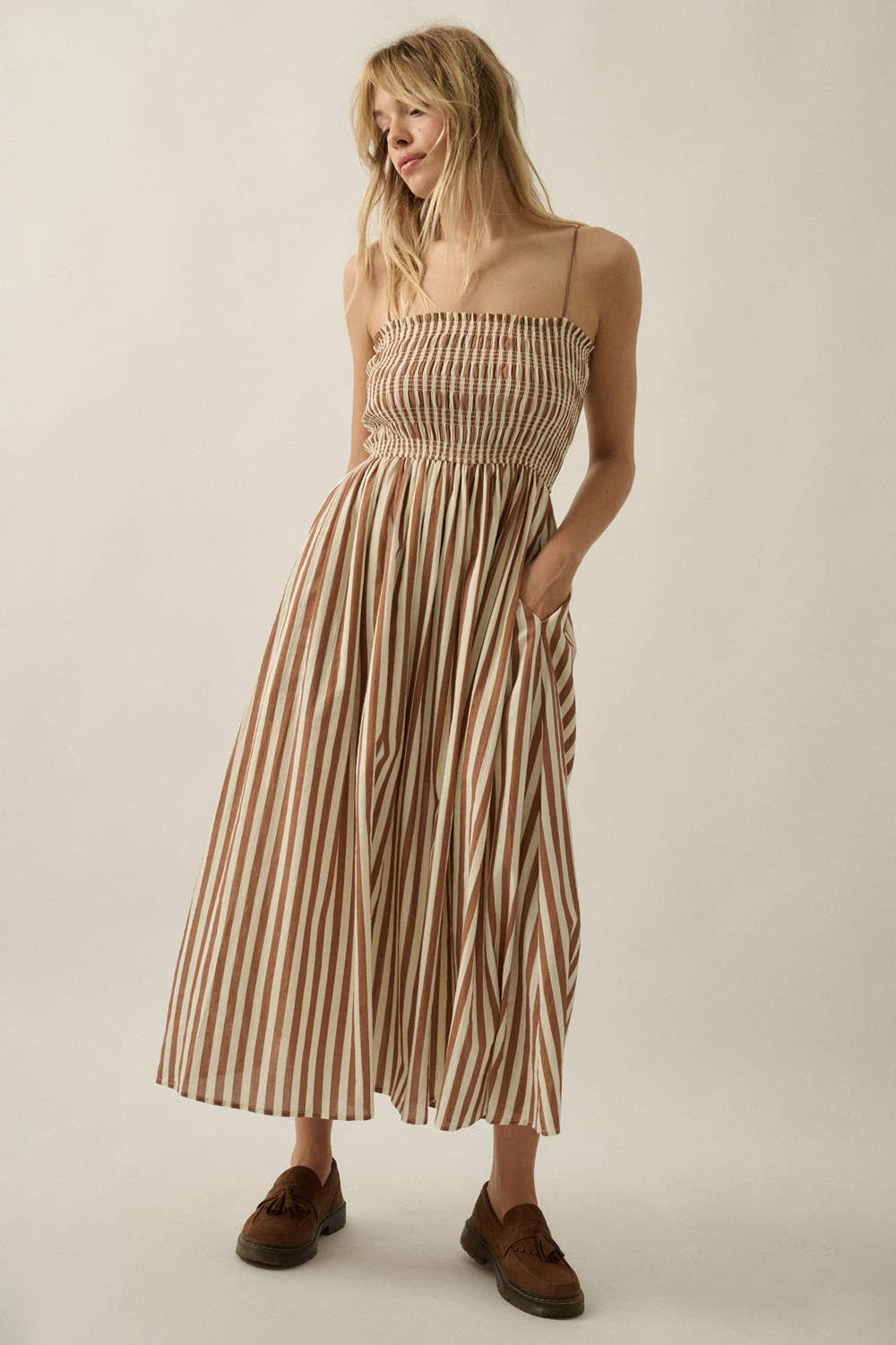 Striped Cotton-Blend Smocked Pocket Midi Dress