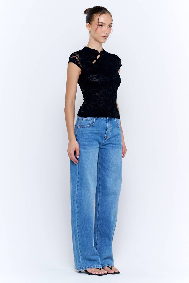 Lace Mandarin Collar Frog Closure Cap Sleeve Crop Top