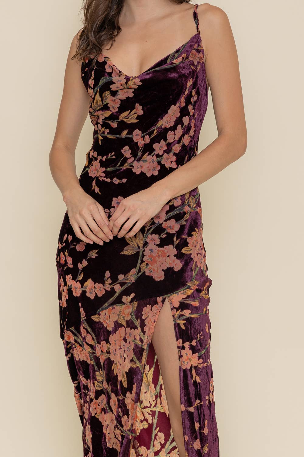 COWL NECKLINE VELVET FLORAL MAXI DRESS
