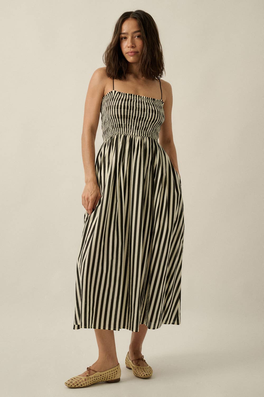 Striped Cotton-Blend Smocked Pocket Midi Dress