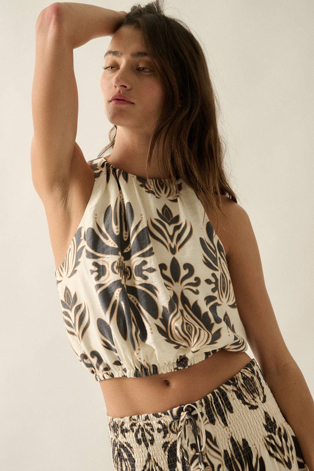 Abstract Floral-Print Gathered Sleeveless Cropped Halter Top