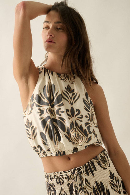 Abstract Floral-Print Gathered Sleeveless Cropped Halter Top