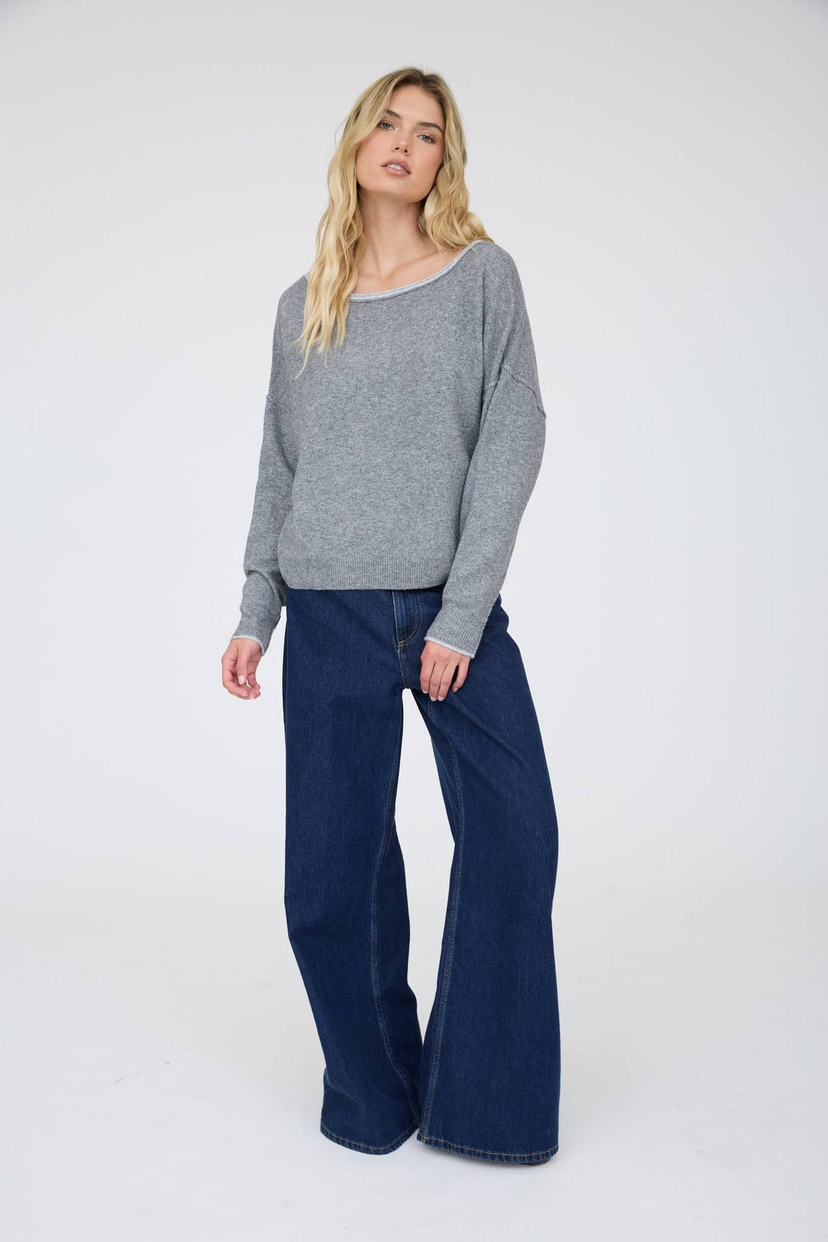 CONTRAST TRIM OFF SHOULDER LONG SLEEVE SWEATER
