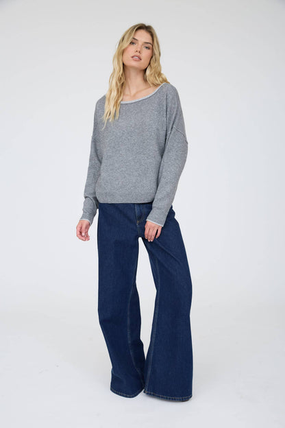CONTRAST TRIM OFF SHOULDER LONG SLEEVE SWEATER