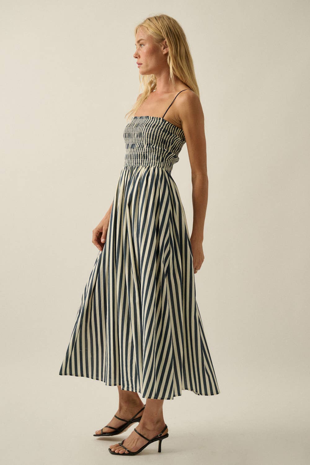 Striped Cotton-Blend Smocked Pocket Midi Dress