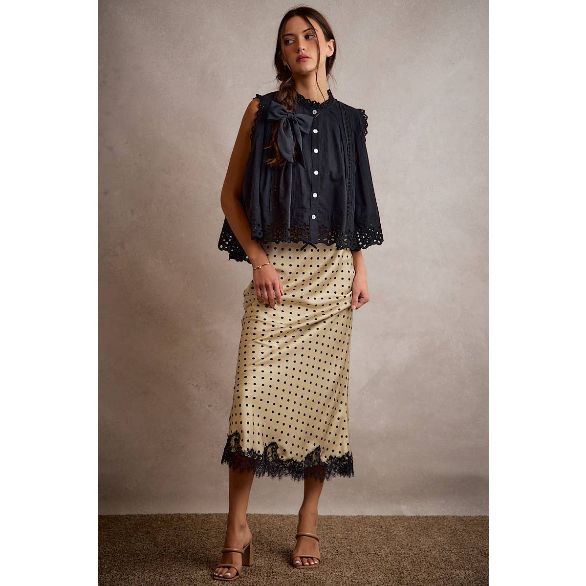POLKA DOT SATIN LACE TRIM MAXI SKIRT