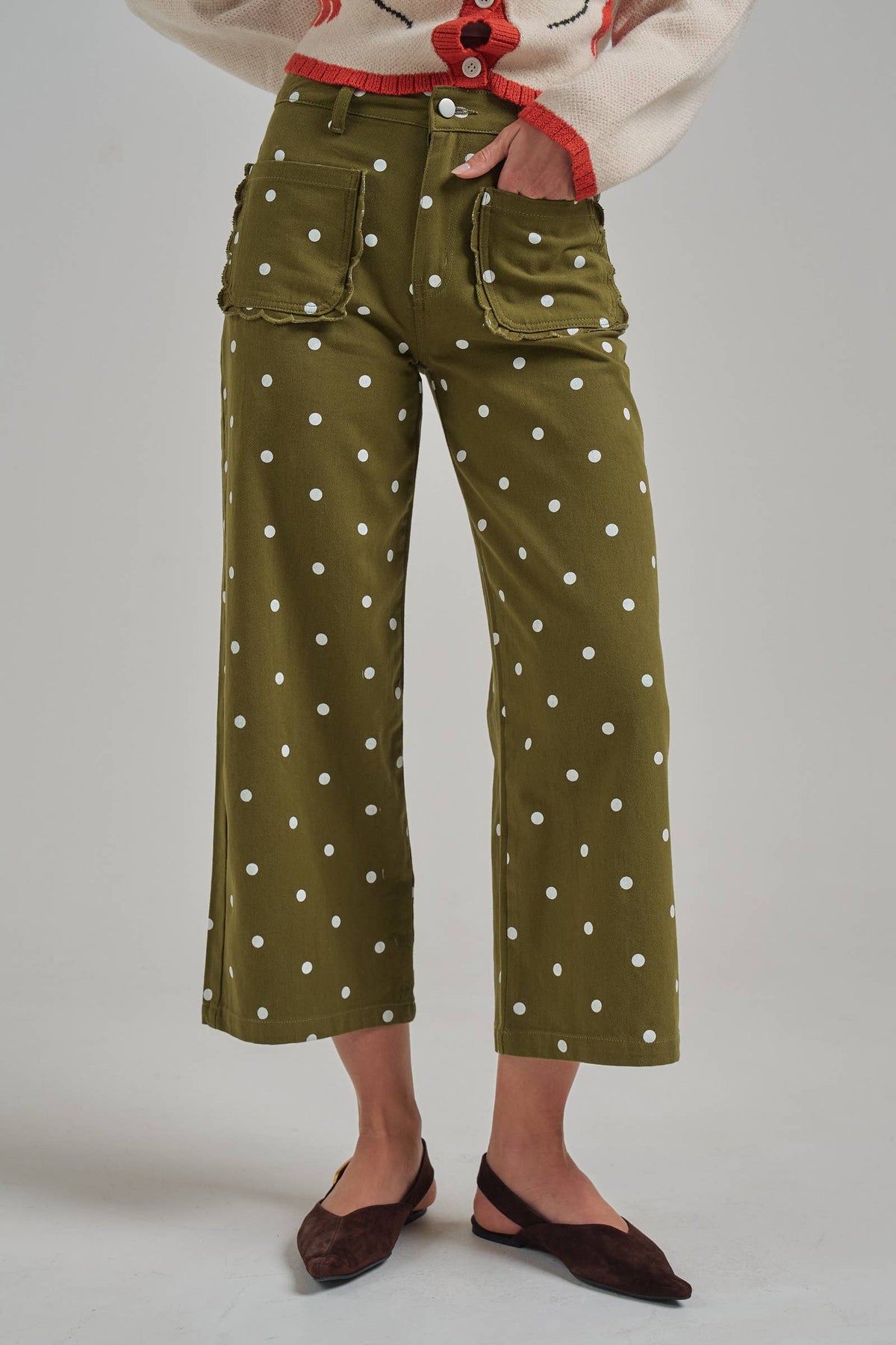 WIDE LEG POLKA DOT TWILL PANTS SCALLOP POCKET