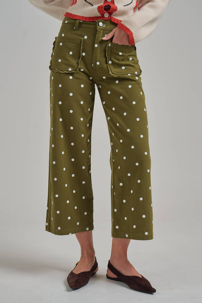 WIDE LEG POLKA DOT TWILL PANTS SCALLOP POCKET