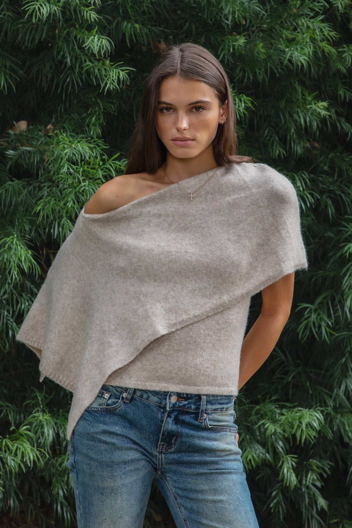 AINSLEY Off Shoulder Asymmetric Knit Poncho Sweater
