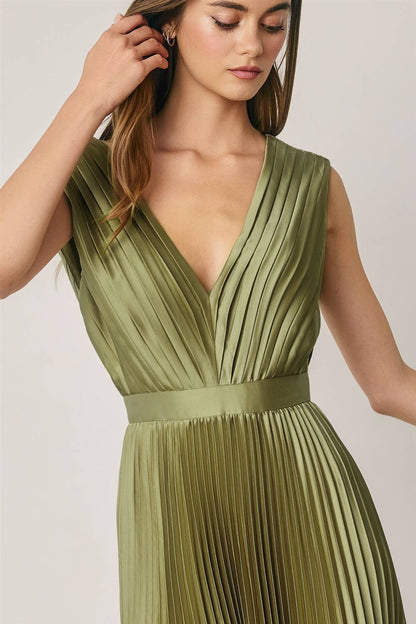 Pleated Satin V Neck Maxi Dress