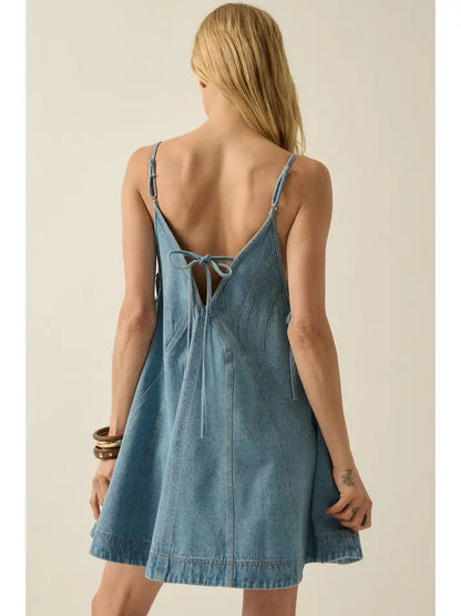 Denim Baby Doll Dress w/ Tie-Sides & Pockets