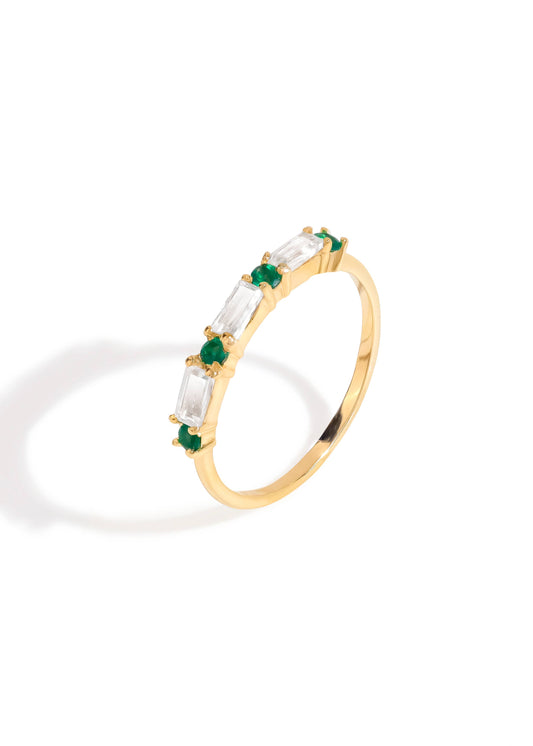 Gold Plated 925 Silver Green Onyx & White Topaz Band Ring
