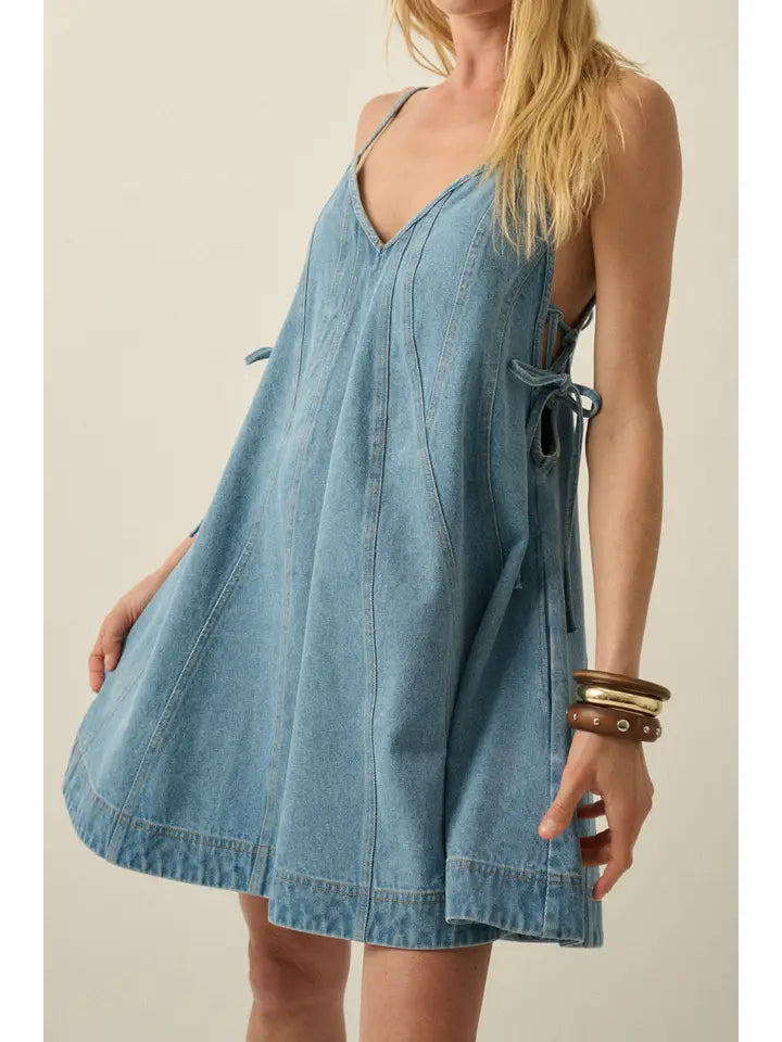 Denim Baby Doll Dress w/ Tie-Sides & Pockets