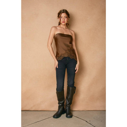Satin Asymmetrical Lace Hem Sleeveless Top