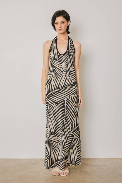Tropical Leaf Contrast Bind Halter Maxi Dress