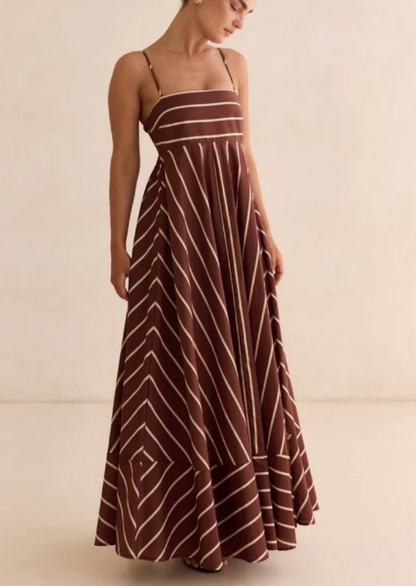 Striped Print High Waist Flared Maxi Dress