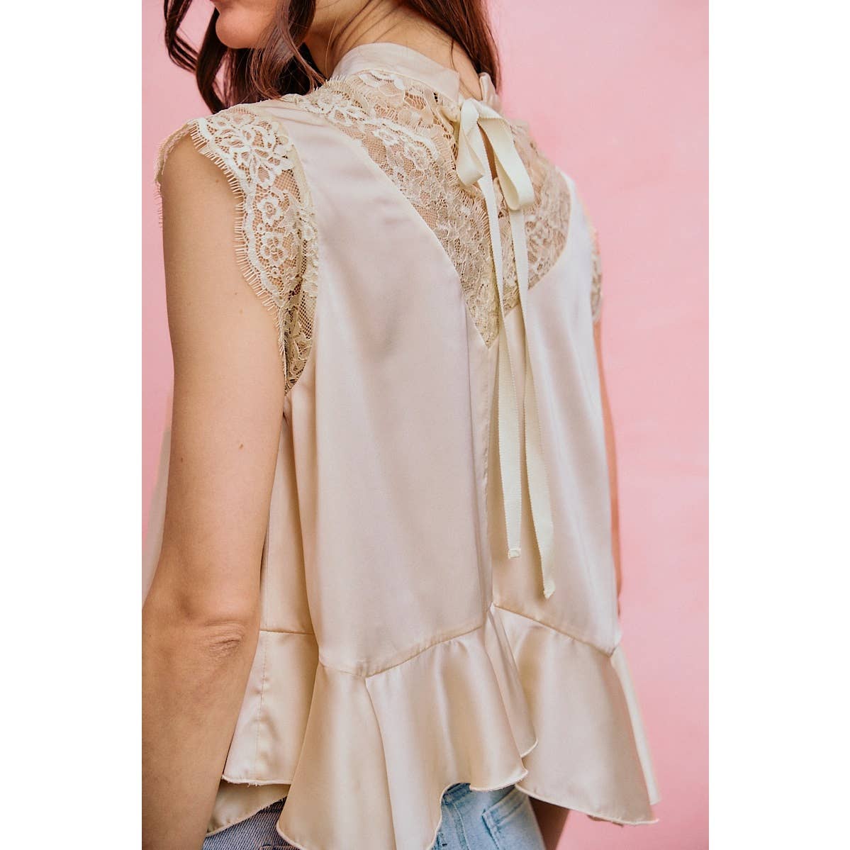 SATIN MOCK NECK LACE TRIM PEPLUM BLOUSE TOP