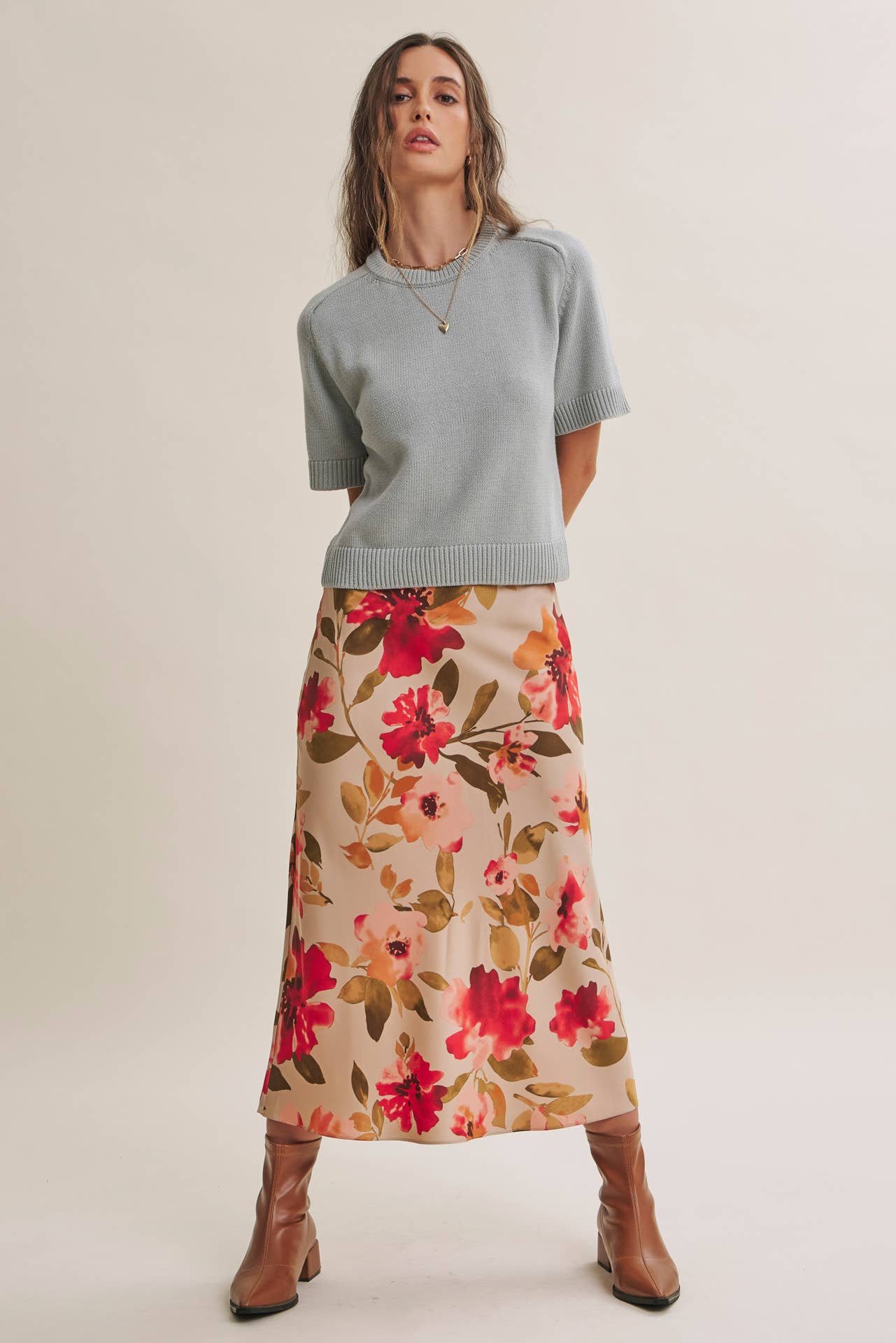 DRAPES SMOOTHLY SOFT FLORAL SATIN BIAS CUT MIDI SKIRT