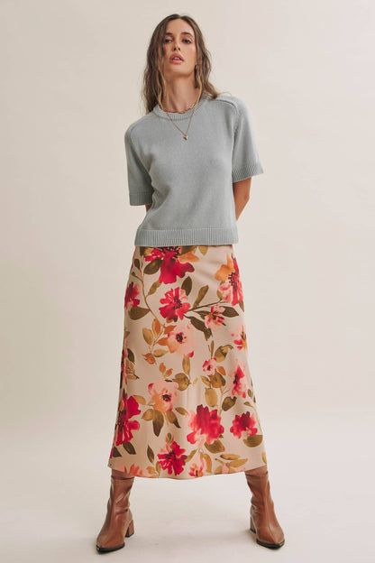 DRAPES SMOOTHLY SOFT FLORAL SATIN BIAS CUT MIDI SKIRT