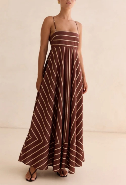 Striped Print High Waist Flared Maxi Dress