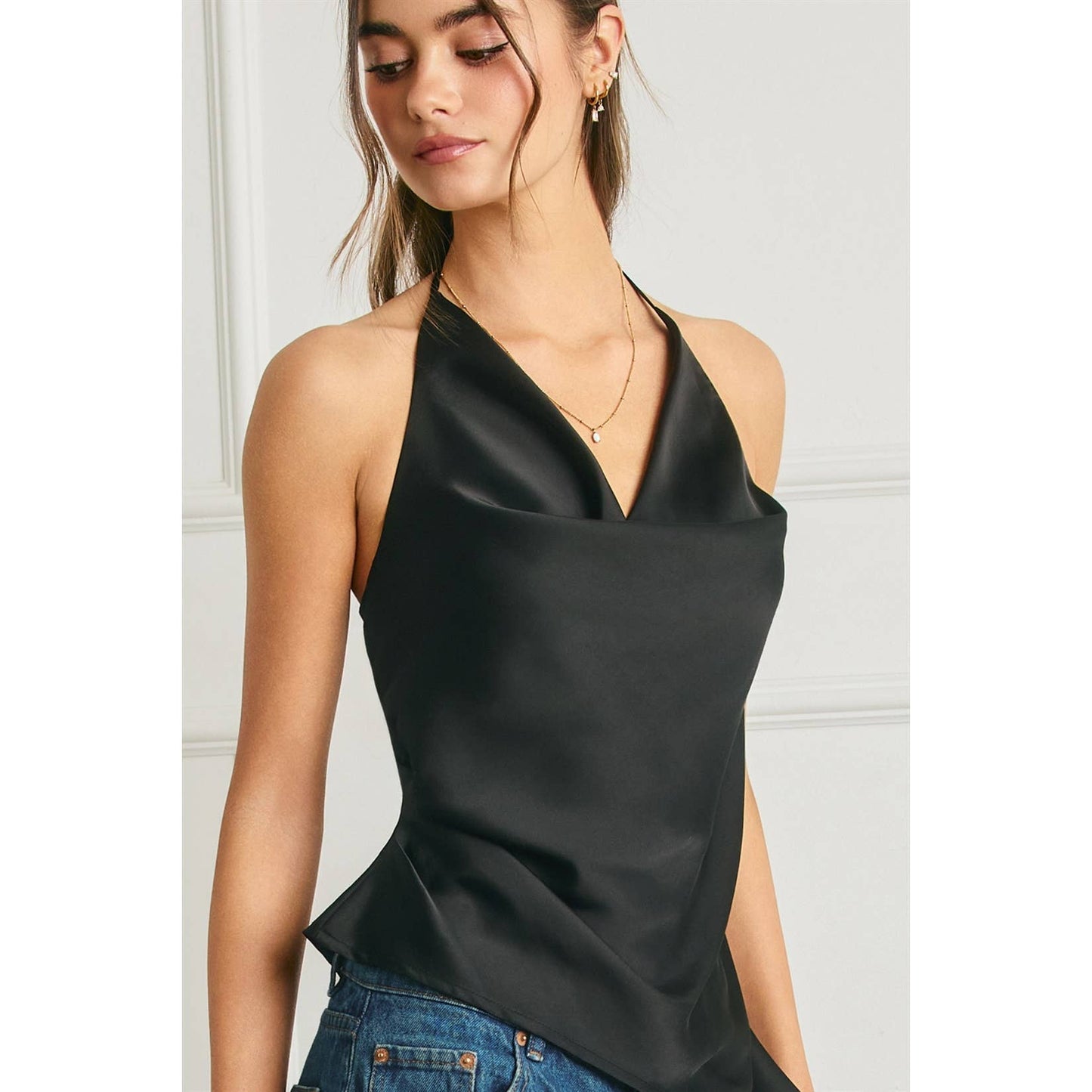 Satin Asymmetrical Hem Halter Top