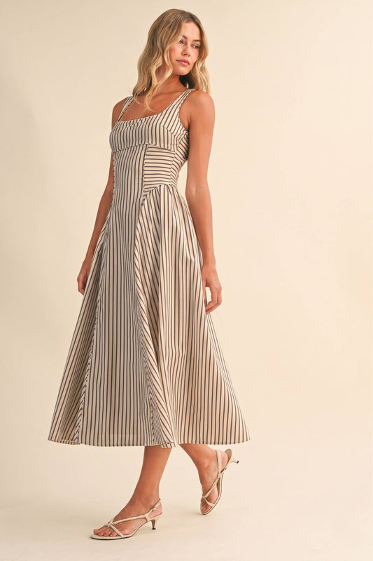 STRIPED BACK BUCKLE PIPING DETAIL MIDI DRESS