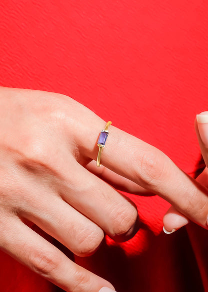 Gold Plated Baguette-Cut Iolite Stack Band Minimalist Ring