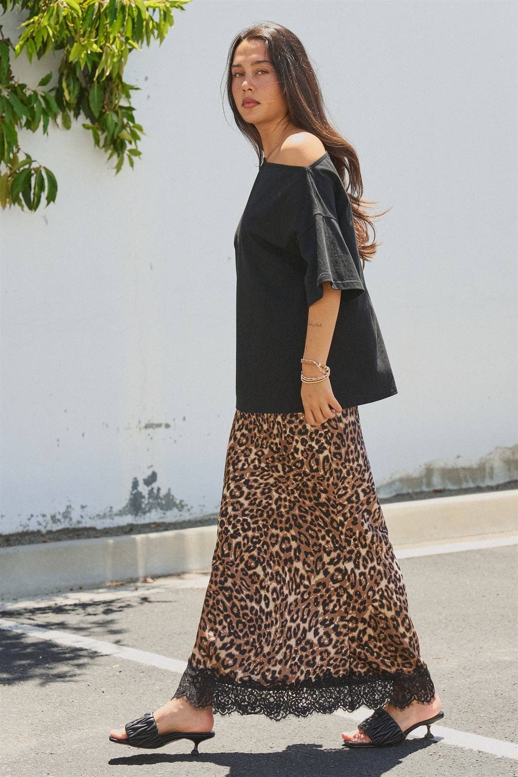 Leopard Print Satin Maxi Skirt with Lace Hem