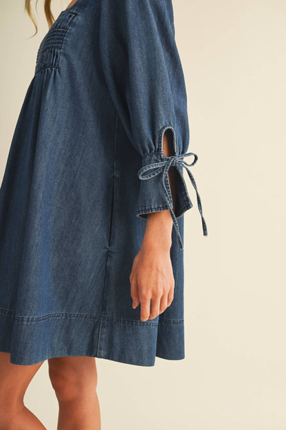 Square-Neck Smocked Denim Trapeze Dress