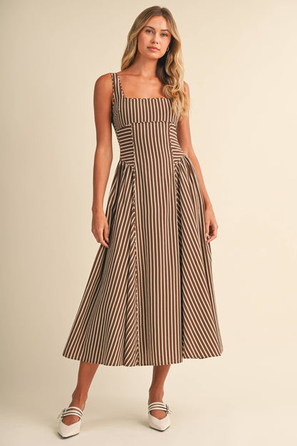 STRIPED BACK BUCKLE PIPING DETAIL MIDI DRESS