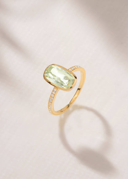Gold Plated Silver Green Amethyst Verdant Halo Pave Ring