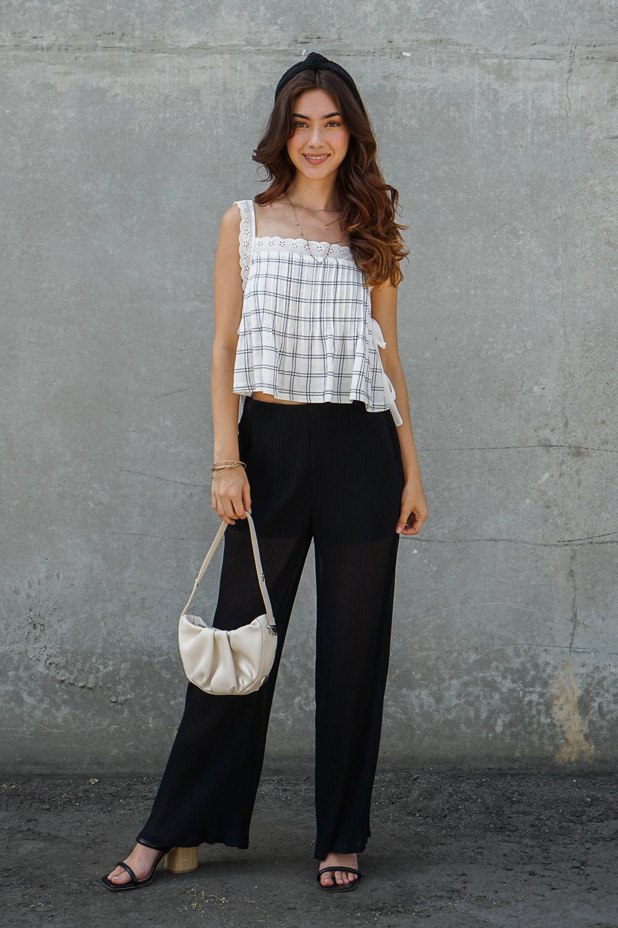 Plaid Lace Trim Side-Tie Crop Top