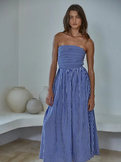 Striped Strapless Flare Maxi Dress