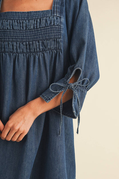 Square-Neck Smocked Denim Trapeze Dress