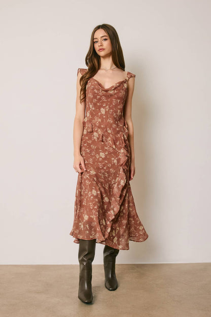 Floral Cowl Neck Ruffled Midi Dress